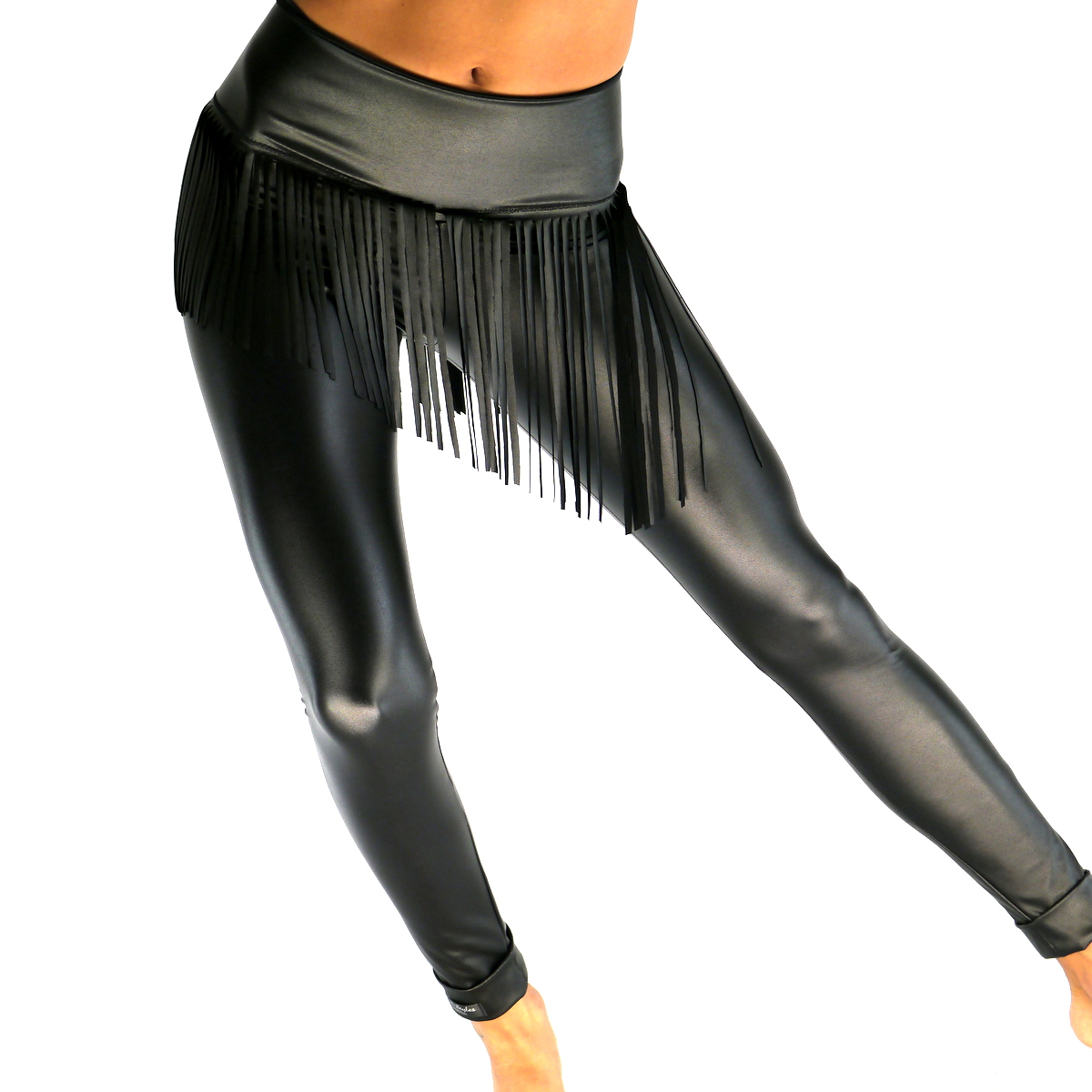 Schwarze Leggings mit Fransen in Leder Look, Kompression, Wettlook, Anti Cellulite, Lack Optik