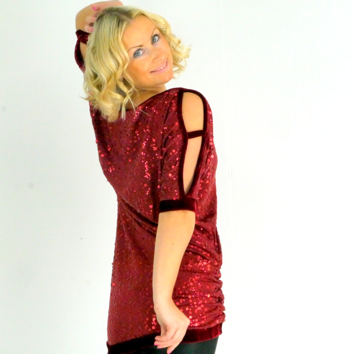 Dunkelrotes Kleid-Oberteil aus Pailletten Stoff und Samt Stoff