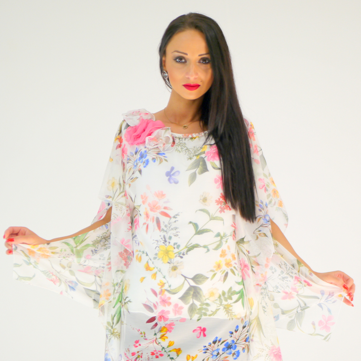 Geblümtes Oberteil aus Chiffon mit Top aus Baumwolle /Tunika/