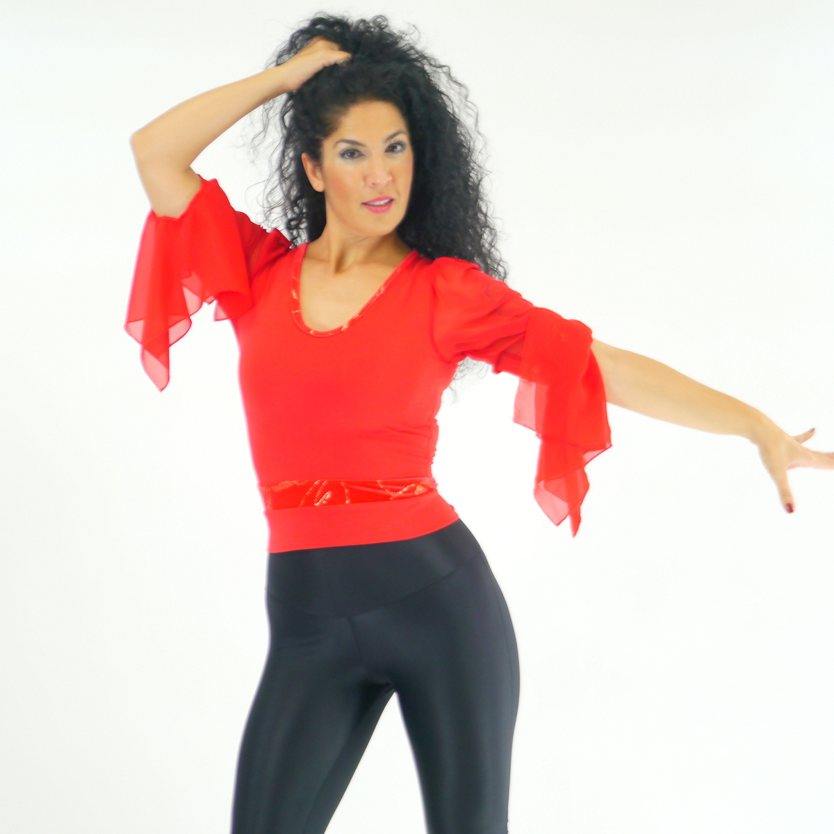 Rotes Oberteil aus Baumwolljersey und Samt mit Rüschen / Salsa Oberteil / Tanz Oberteil