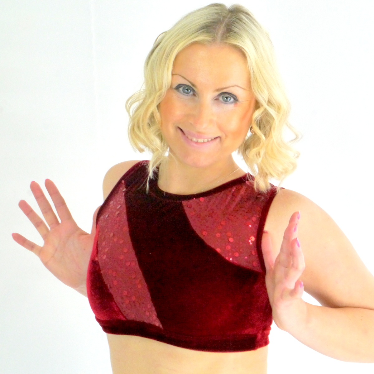 KURZTOP , Bustier, Sport BH, Yoga Top - aus Samt und Paillettenstoff - dunkelrot