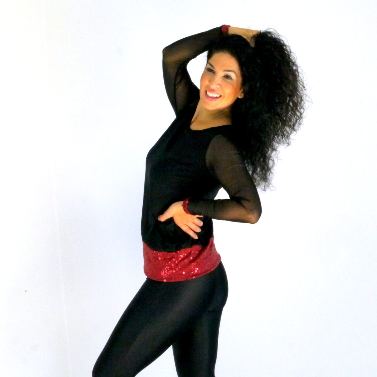 Mesh-Cocktail-Bluse, Langarmtop, Langarmtop mit Mesh, Netz-Bluse, Pailletten Bund