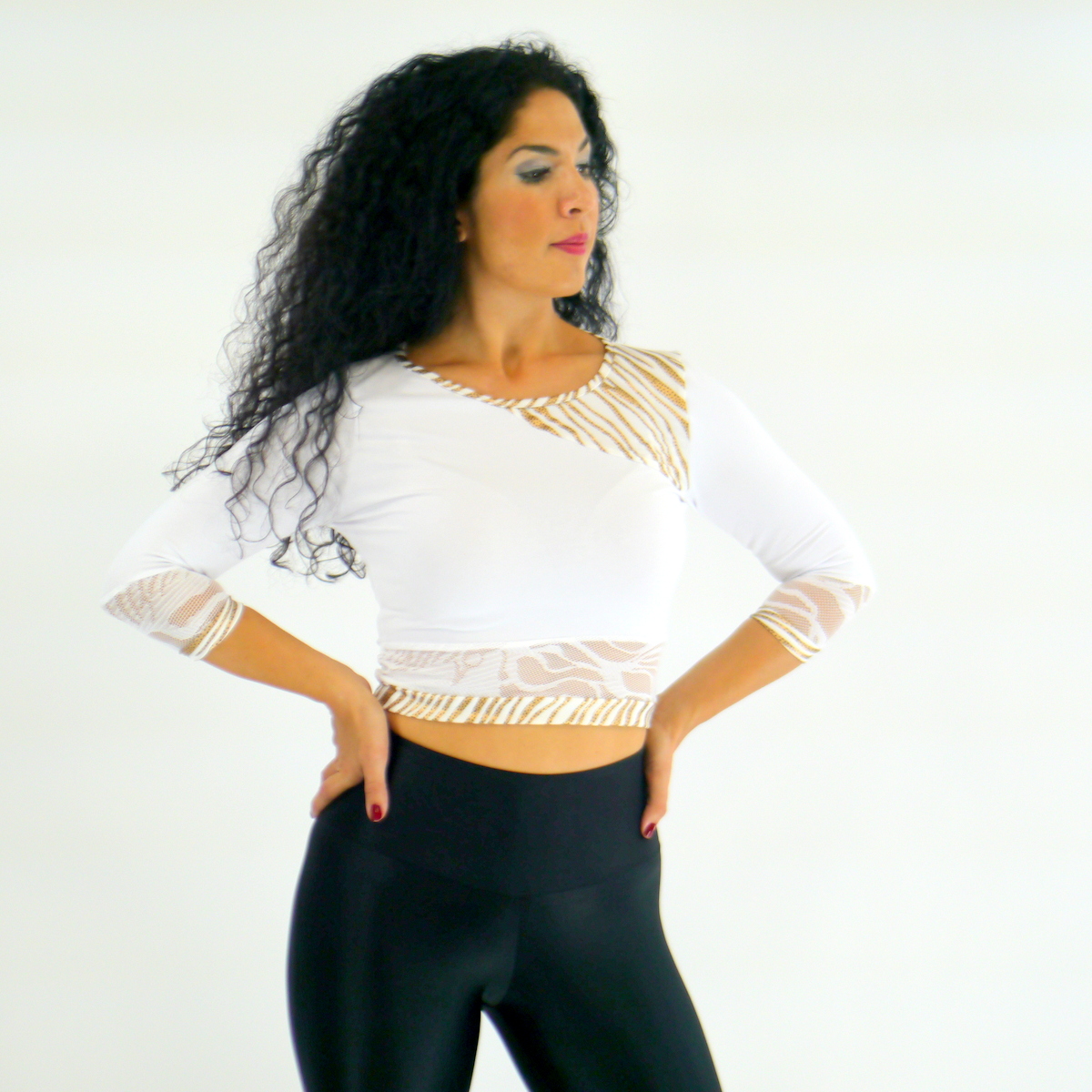 Weiß-goldenes Oberteil mit Spitze für Frauen aus Baumwolle