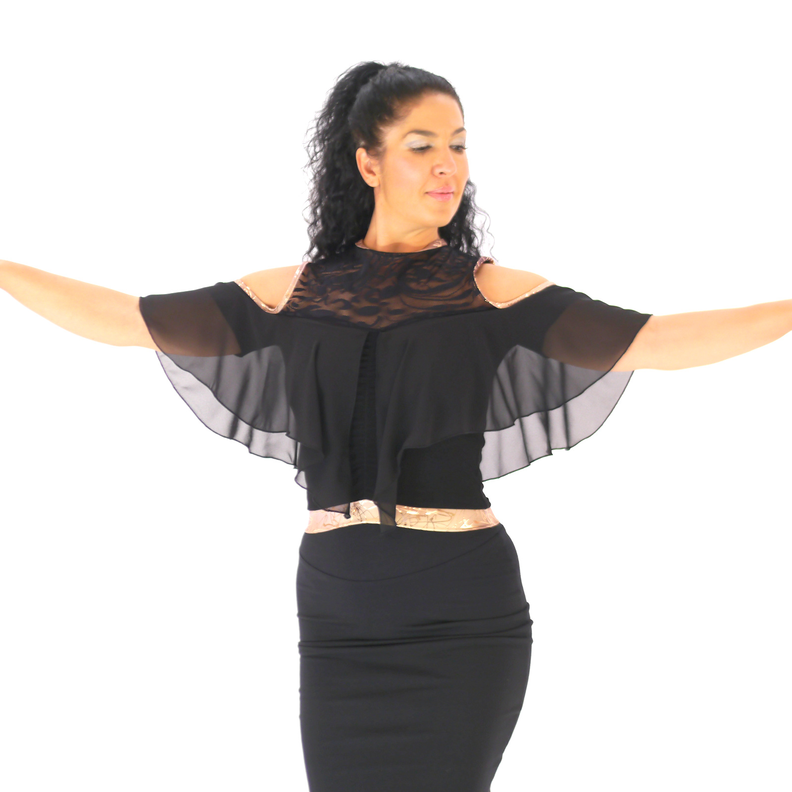 Salsa Oberteil in schwarz-gold mit Spitze und Rüschen, Carmenoberteil