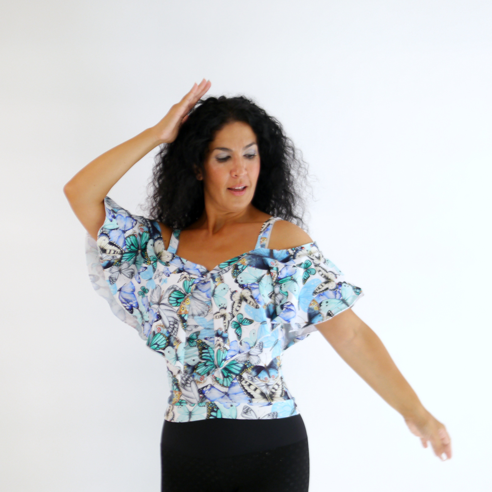 Bluse in hellblau mit Rüschen, Crop Top, Rüschen Crop Top Damen, Carmenoberteil, Schulterfrei