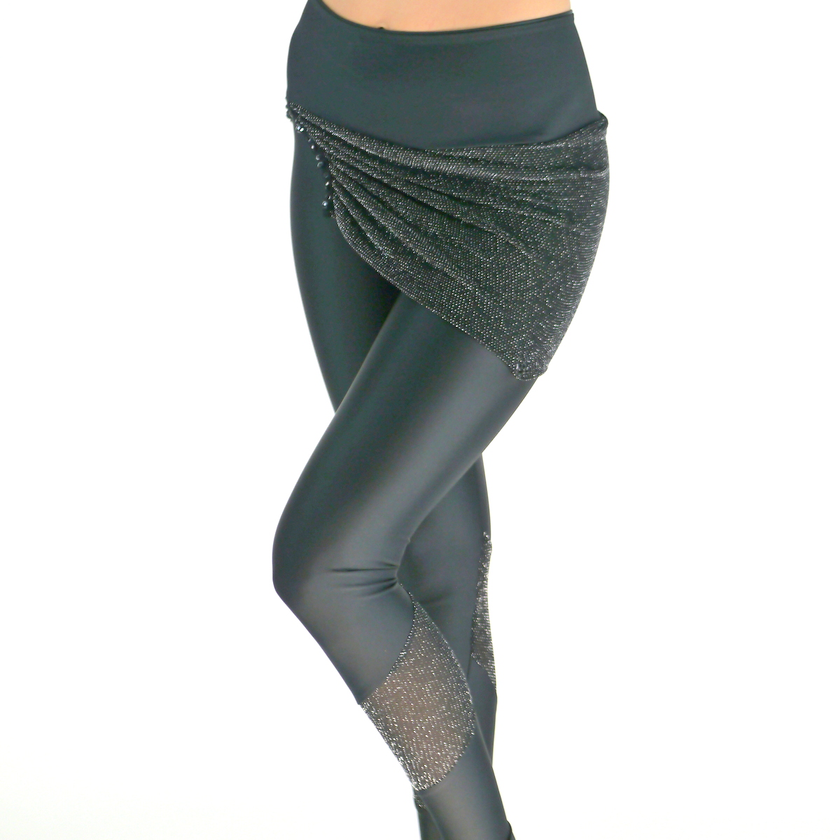 Schwarze Leggings mit Röckchen aus Anthrazit-Glitzer Stoff