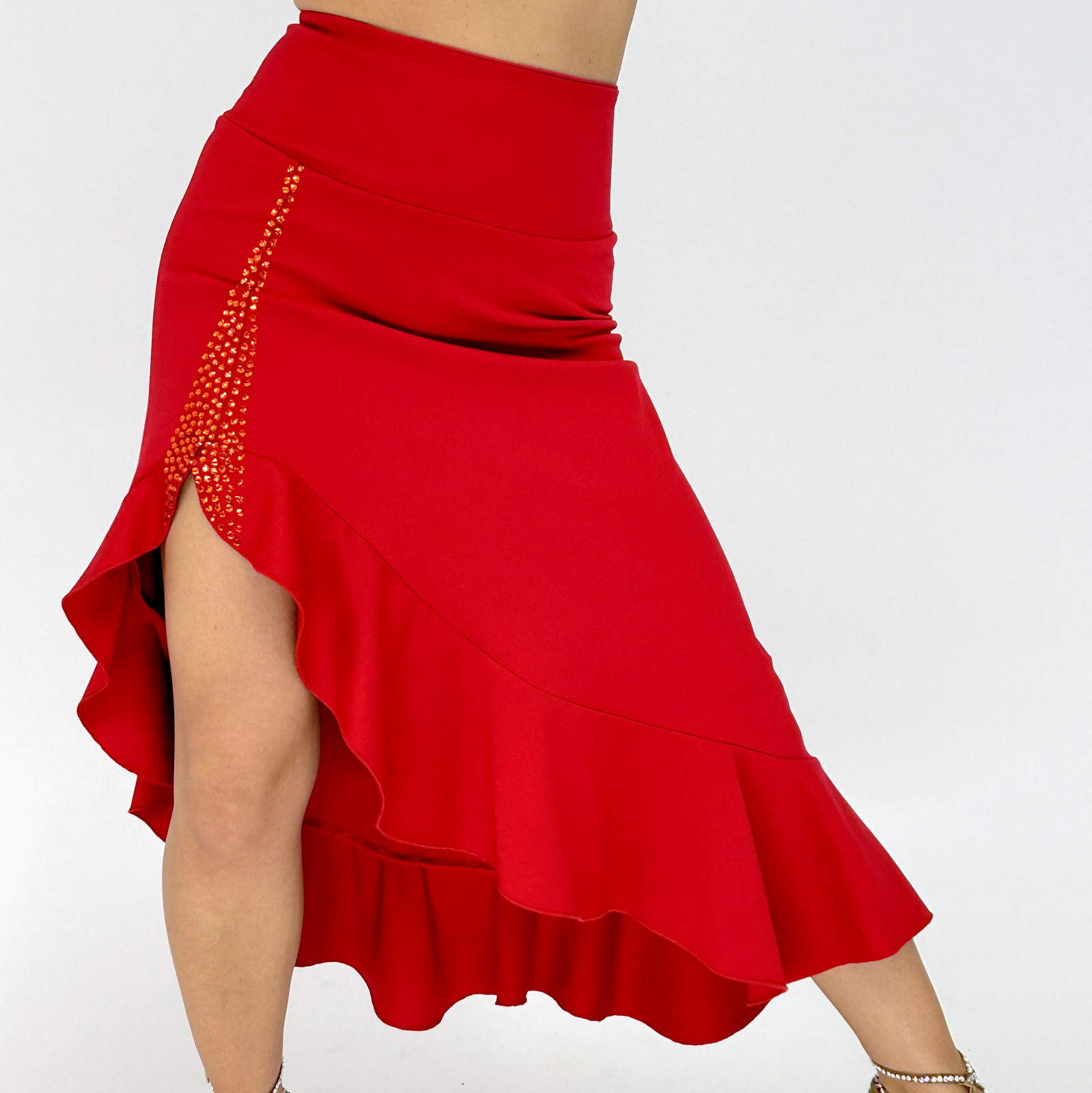 Roter Salsa-Tango Rock mit Hohem Bund und Schlitz